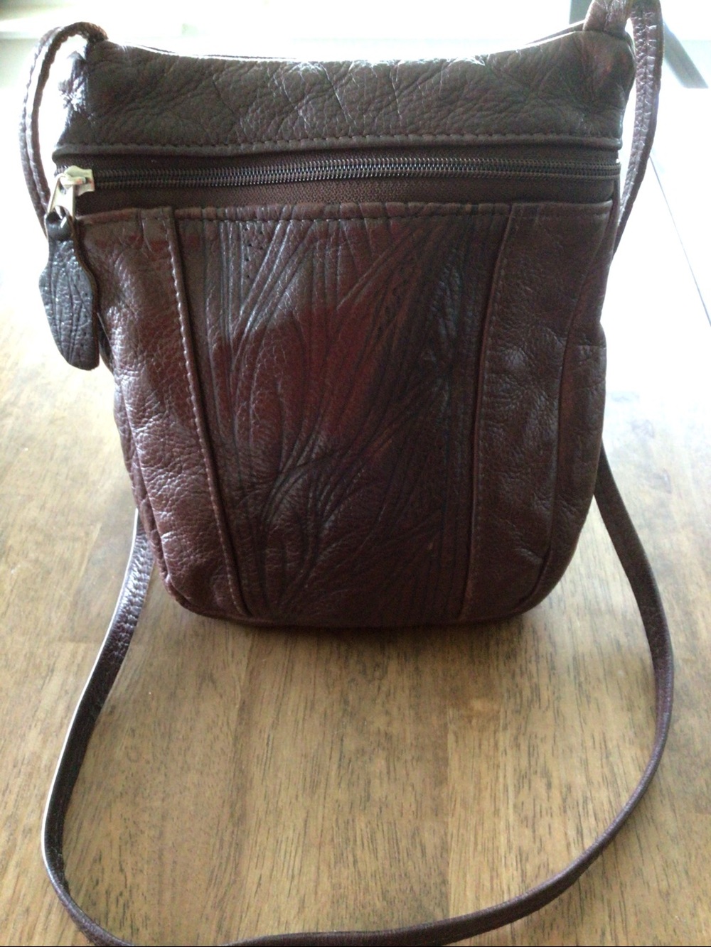 Vintage Hand Crafted tooled embossed Dark Brown Leather Crossbody Purse